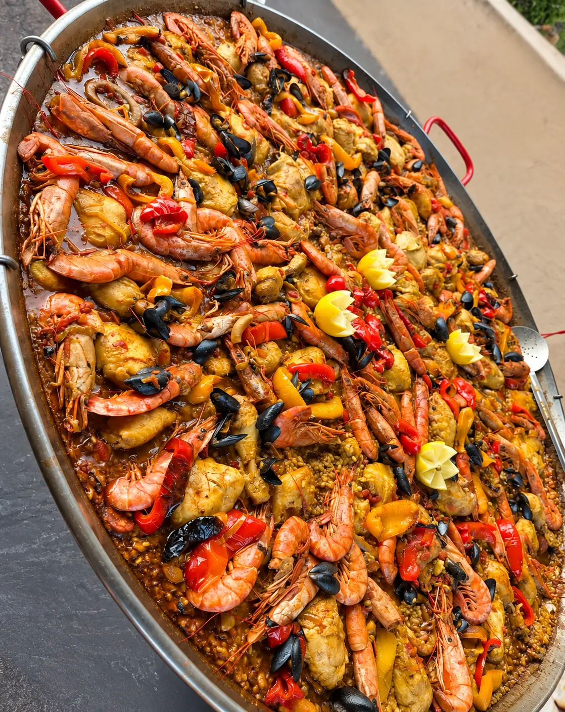Grande poêle de paella aux crevettes, poivrons et citron