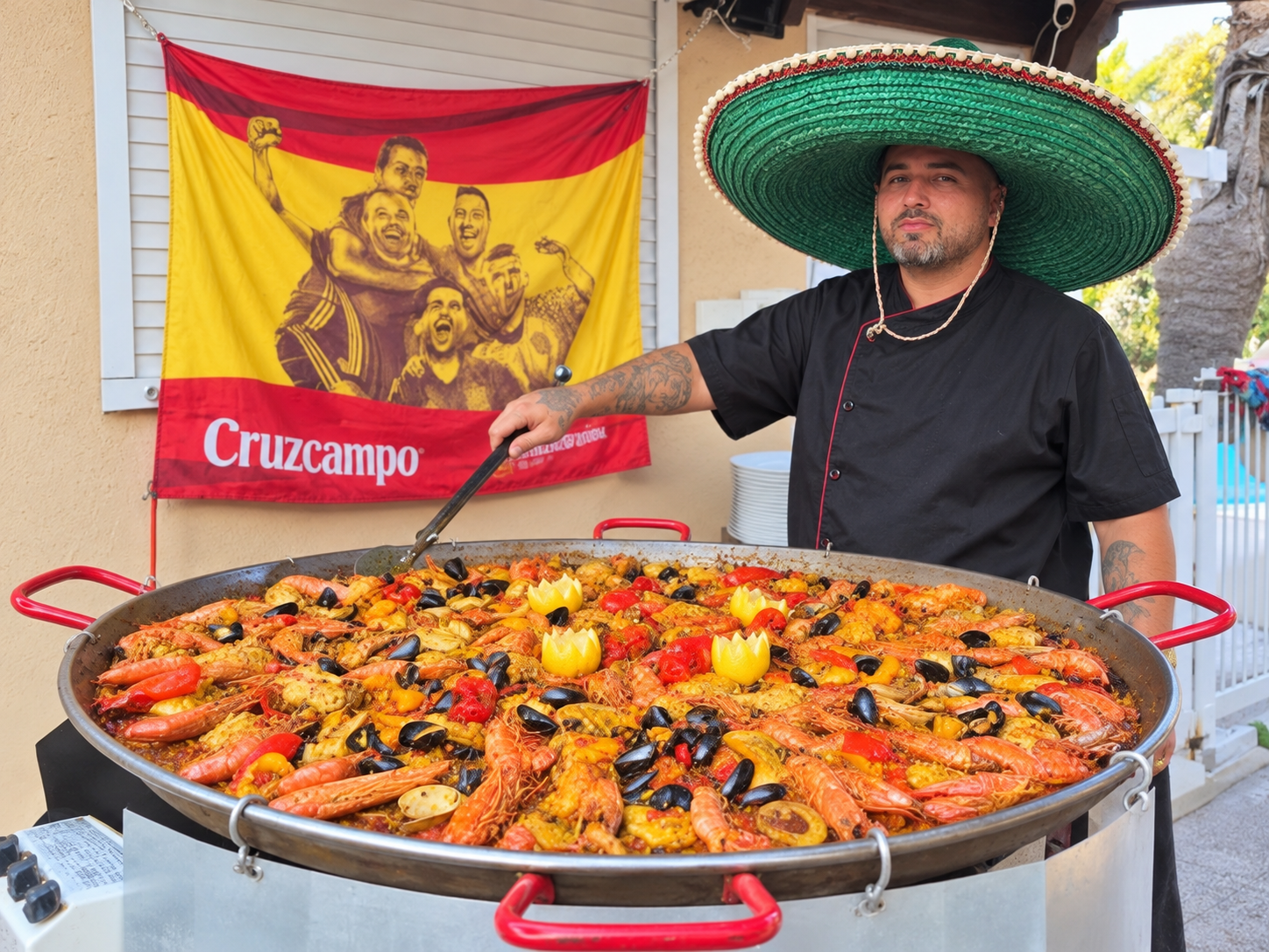 Le chef de Traiteur del Sol, coiffé de son sombrero, devant une grande paella aux fruits de mer