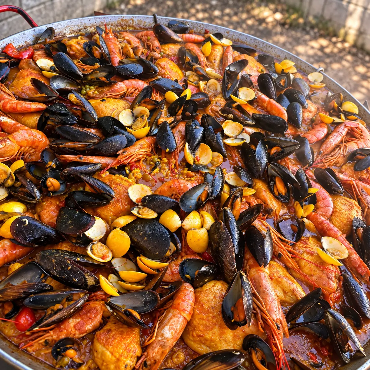 Paella aux moules, crevettes et poulet