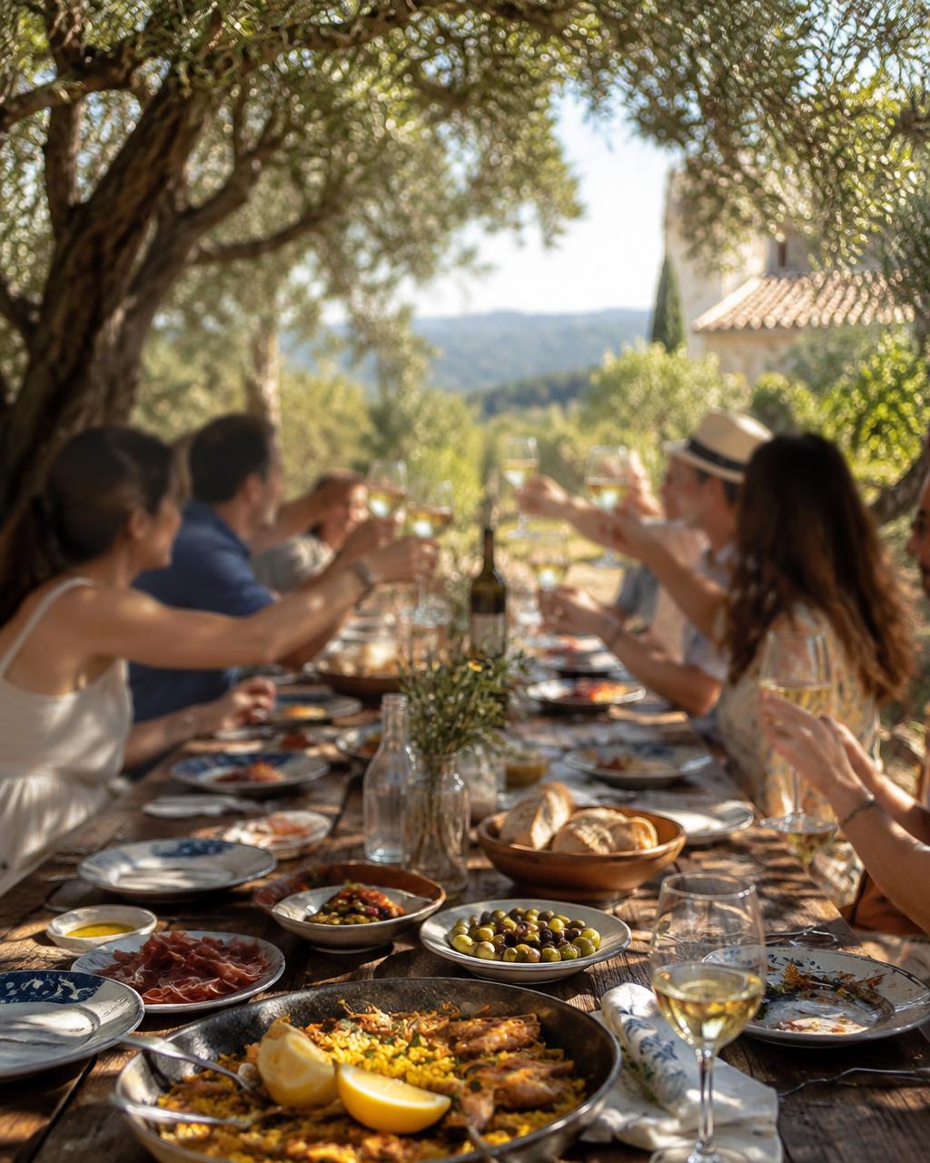 Repas partagé en extérieur sous les oliviers