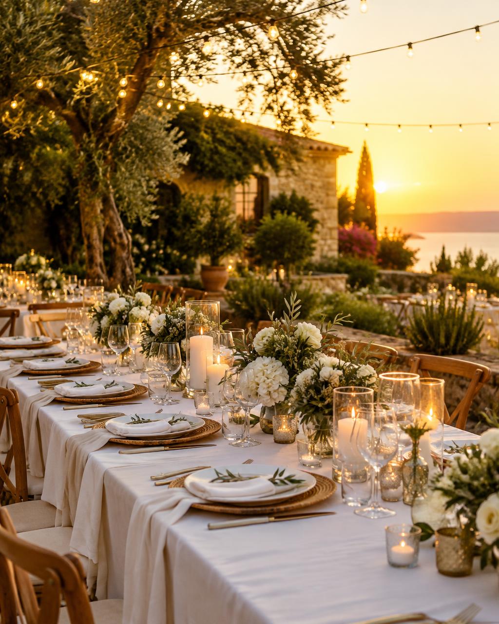 Table de fête dressée en extérieur au coucher du soleil