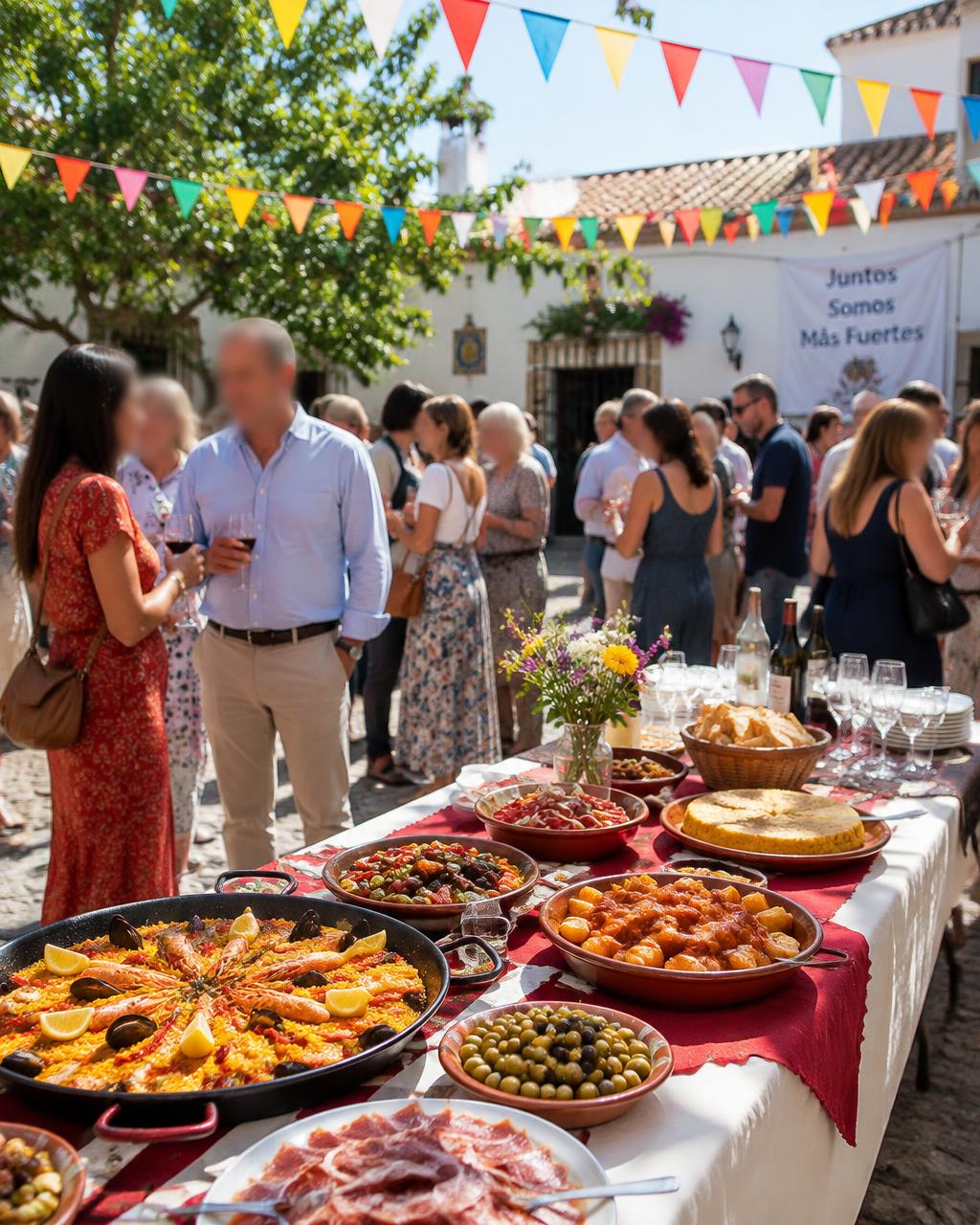 Réception conviviale en plein air autour d’un buffet espagnol
