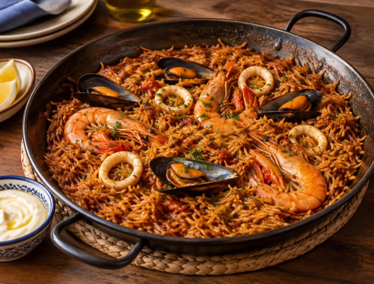Fideuà aux fruits de mer, préparée avec de petites pâtes