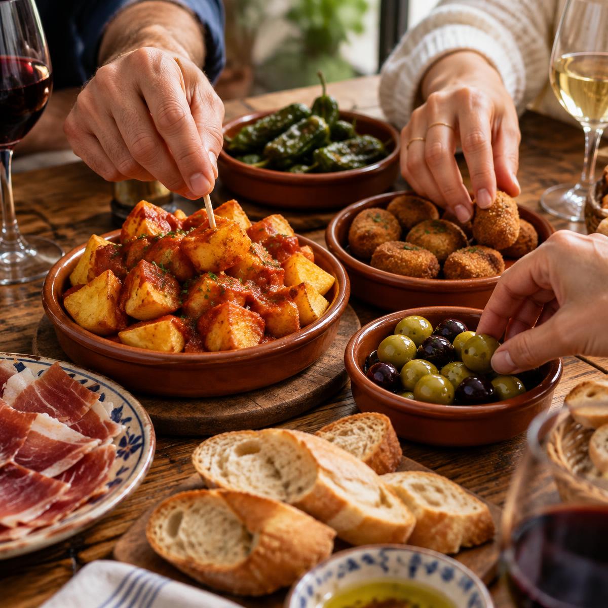 Mains partageant des tapas autour d’une table